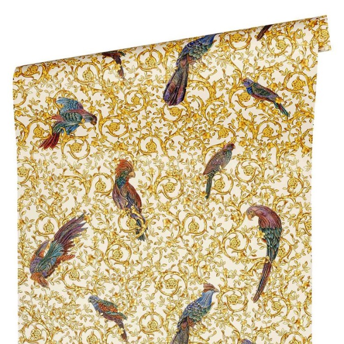 Papeldecor|Papel pintado clásico barroco con pájaros y ornamentos dorado|Papel Pintado