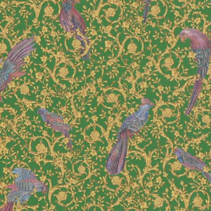 Papeldecor|Papel pintado clásico barroco con pájaros y ornamentos verde y dorado|Papel Pintado