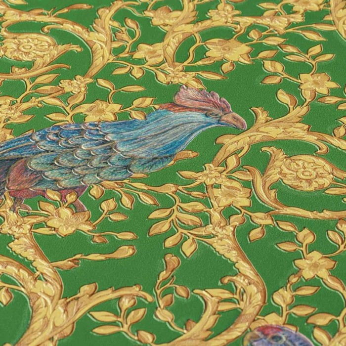Papeldecor|Classic baroque wallpaper with birds and green and gold ornaments|Wallpaper