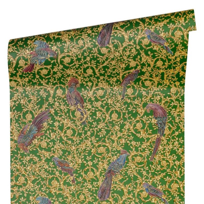 Papeldecor|Classic baroque wallpaper with birds and green and gold ornaments|Wallpaper