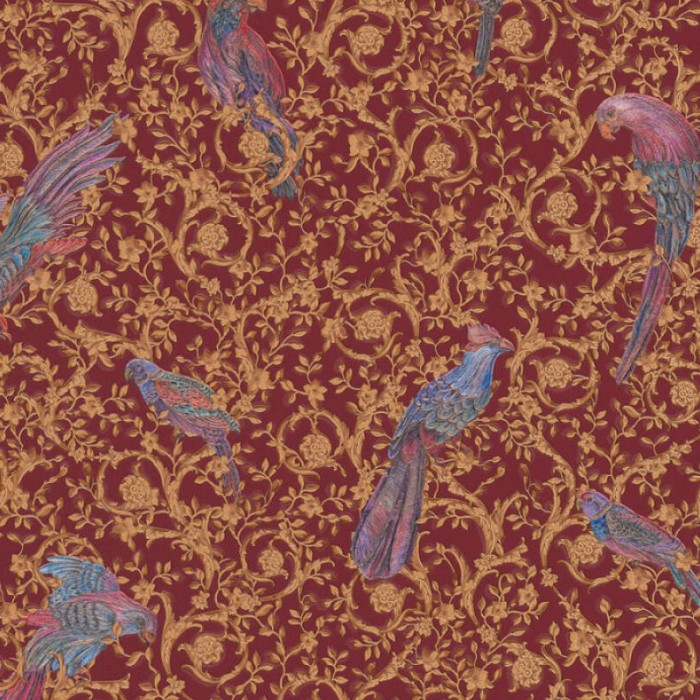 Papeldecor|Papel pintado clásico barroco con pájaros y ornamentos rojo y dorado|Papel Pintado