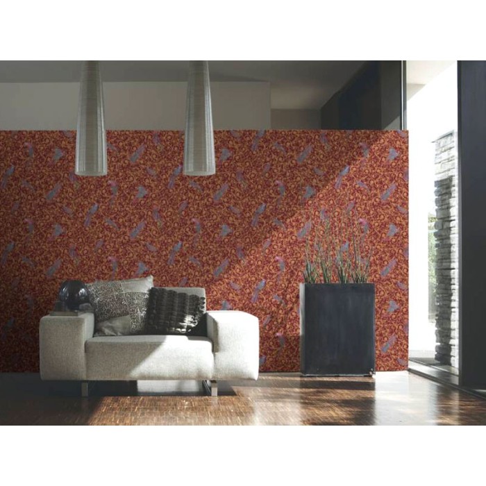 Papeldecor|Classic baroque wallpaper with birds and red and gold ornaments|Wallpaper