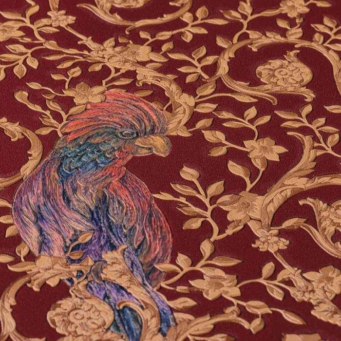 Papeldecor|Papier peint classique baroque avec oiseaux et ornements rouge et or|Papier Peint