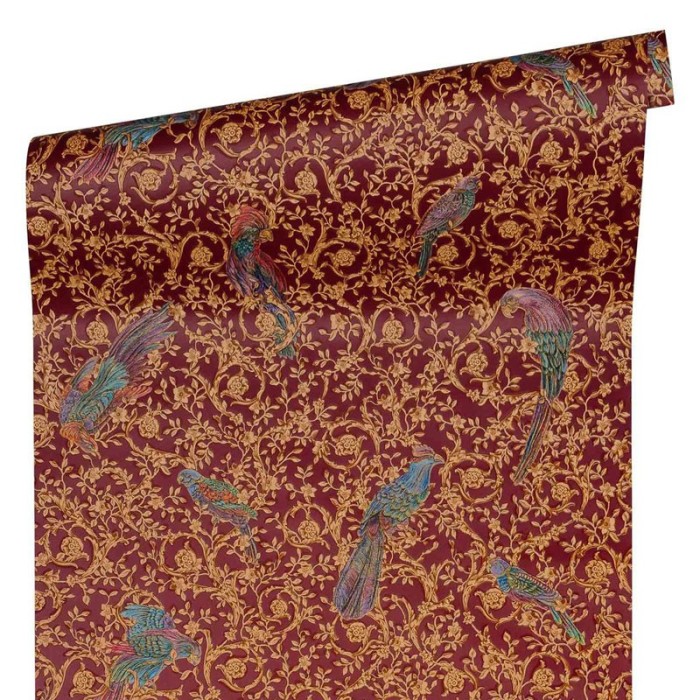 Papeldecor|Classic baroque wallpaper with birds and red and gold ornaments|Wallpaper