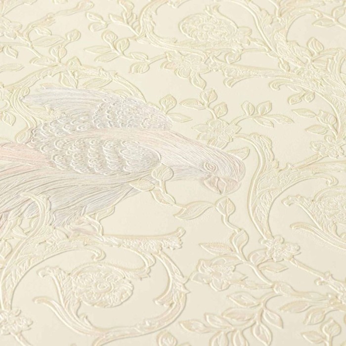 Papeldecor|Papier peint classique baroque avec oiseaux et ornements blanc crème|Papier Peint