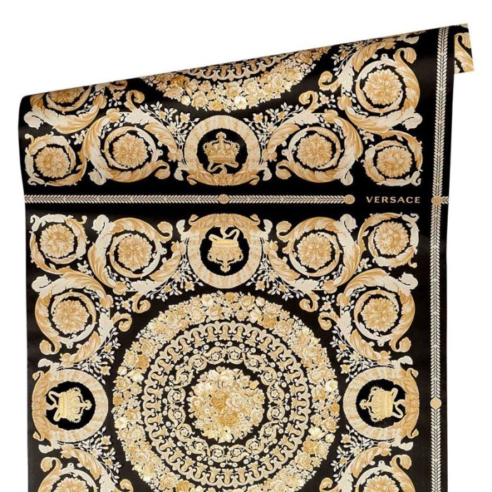 Papeldecor|Barocke Kreis-Tapete mit Blumen und Ornamenten in Schwarz und Gold|Tapeten