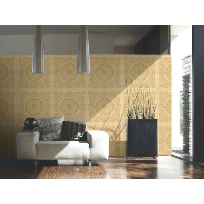 Papeldecor|Papel pintado barroco de círculos floral y ornamental dorado|Papel Pintado