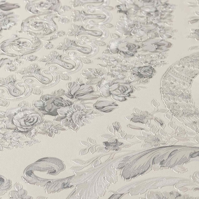 Papeldecor|Papier peint baroque circulaire floral et ornemental argenté|Papier Peint