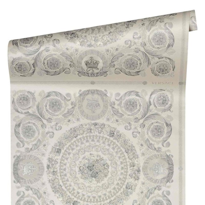 Papeldecor|Papier peint baroque circulaire floral et ornemental argenté|Papier Peint