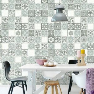 Caselio|Papier peint carreaux gresite tons verts et bleus|Imitation Carreaux