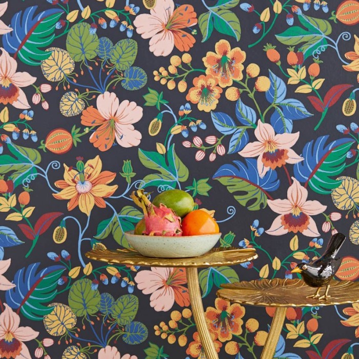 Eijffinger|Papel pintado floral negro multicolor relieve|Papel Pintado