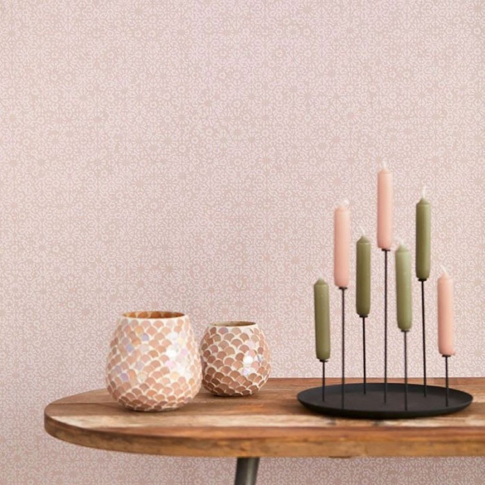 Eijffinger|Chic wallpaper with small embroidered flowers in pastel pink|Wallpaper