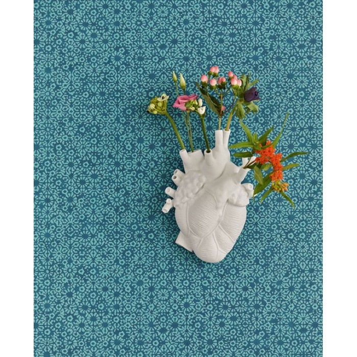 Eijffinger|Tapete kleine gestickte Blumen blau glänzend|Tapeten