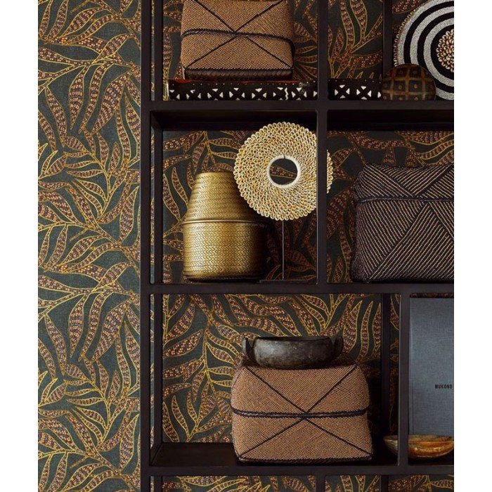 Eijffinger|Modern ethnic wallpaper with embossed leaves in shiny blue and black|Wallpaper