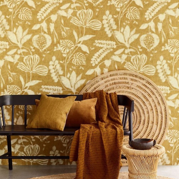 Papeldecor|Wallpaper dyed fabric effect with flowers and leaves, ochre yellow|Wallpaper