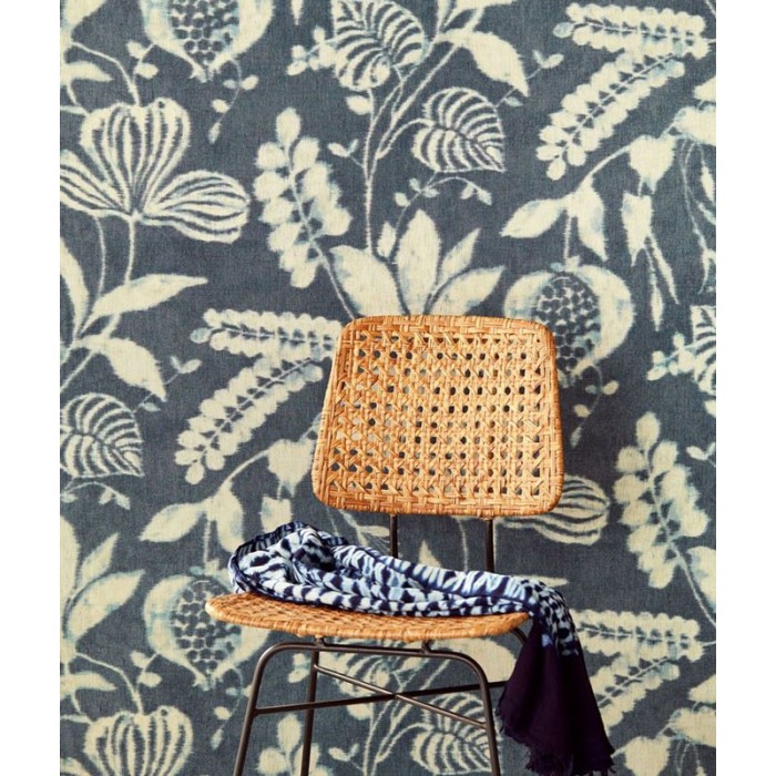 Papeldecor|Papel pintado efecto tela teñida por flores y hojas, azul|Papel Pintado