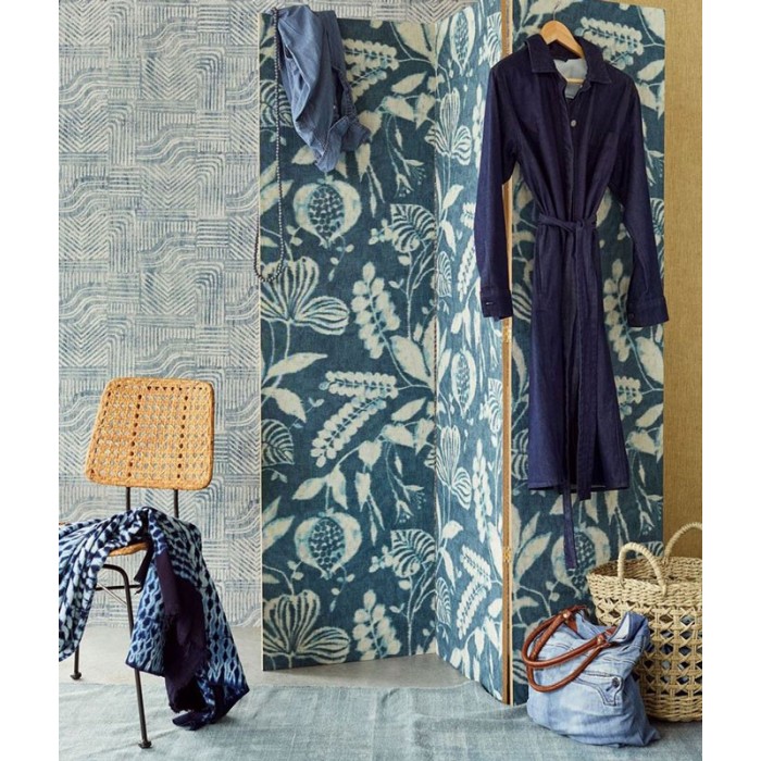 Papeldecor|Wallpaper dyed fabric effect with ethnic motifs blue|Wallpaper