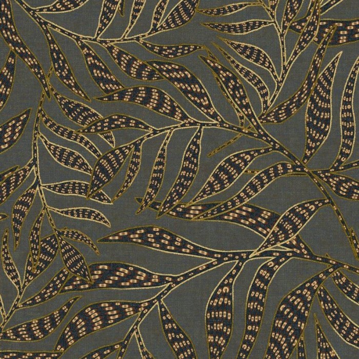 Papeldecor|Papel pintado étnico moderno con hojas en relieve y brillo, azul y negro|Papel Pintado