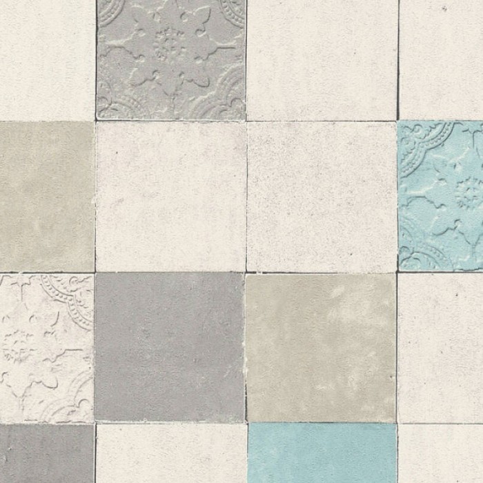 Papel pintado azulejos combinados blanco, gris, turquesa - As Creation New Walls 374061