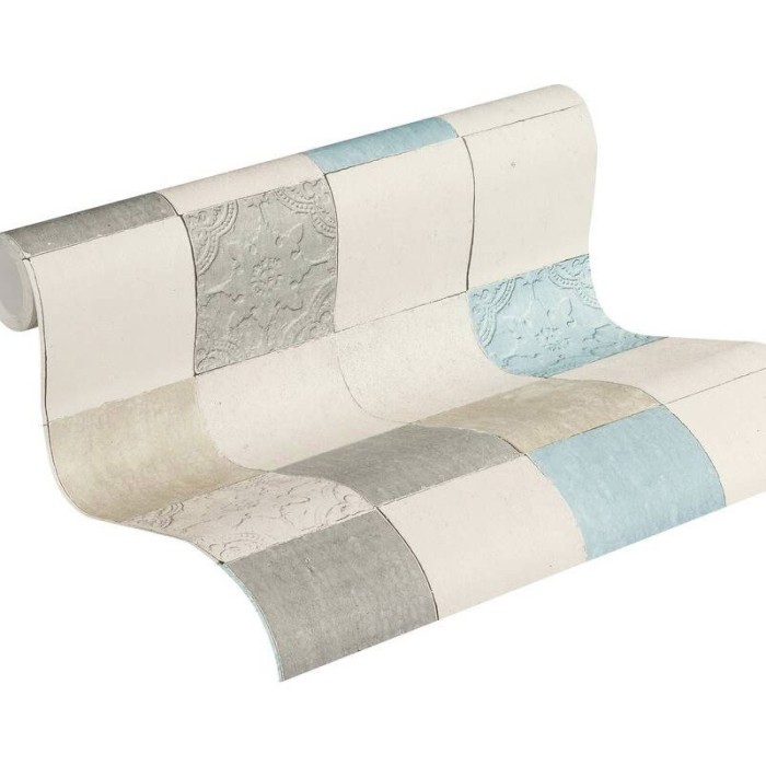 As Creation|Papier peint carreaux combinés blanc, gris, turquoise|Imitation Carreaux