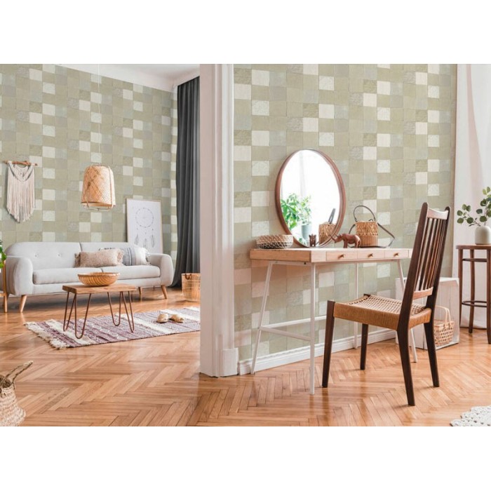 As Creation|Papier peint combinaison carreaux blancs et beige|Imitation Carreaux