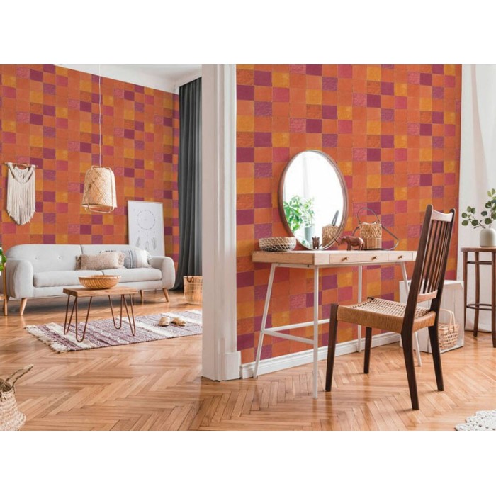 As Creation|Papier peint types de carreaux tons orange|Imitation Carreaux