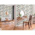 Papeldecor|Papel pintado baldosa hidráulica blanco, gris, turquesa|Papel Pintado