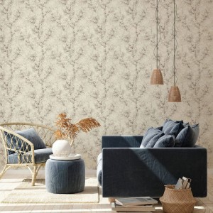 Casadeco|Oriental floral wallpaper with black water lily petals|Japanese Flowers 2