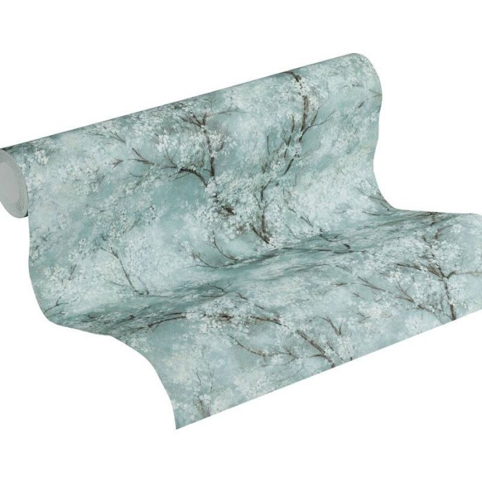 Papeldecor|Papel pintado floral moderno verde, árboles en flor|Papel Pintado