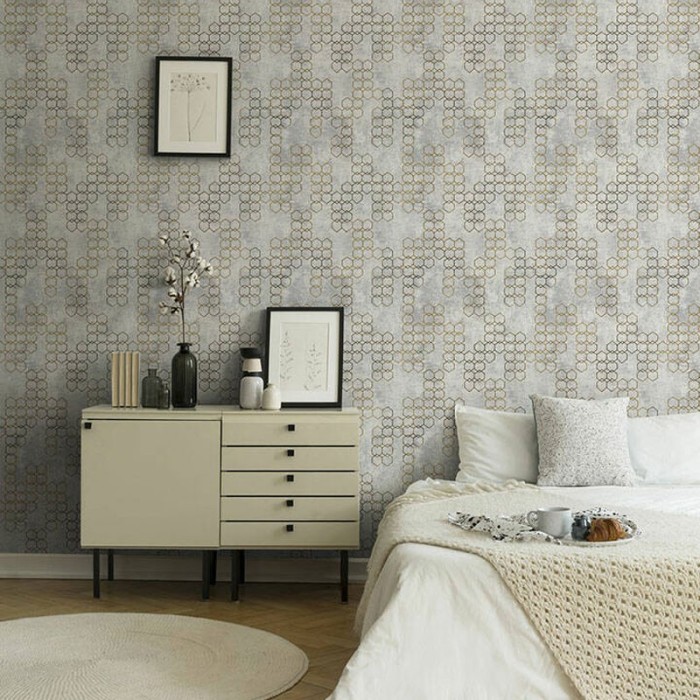 Papel pintado geométrico metalizado gris y dorado -  219-2256