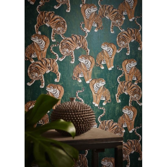 Marburg|Papel pintado patrón contemporáneo tigres fondo verde|Étnico