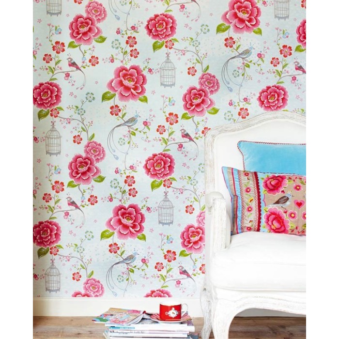 Papel pintado romántico blanco con flores y pájaros multicolor - Pip Studio Pip Studio 5 300161