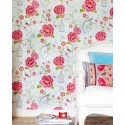 Pip Studio|Romantische weiße Tapete mit bunten Blumen und Vögeln|Tapeten