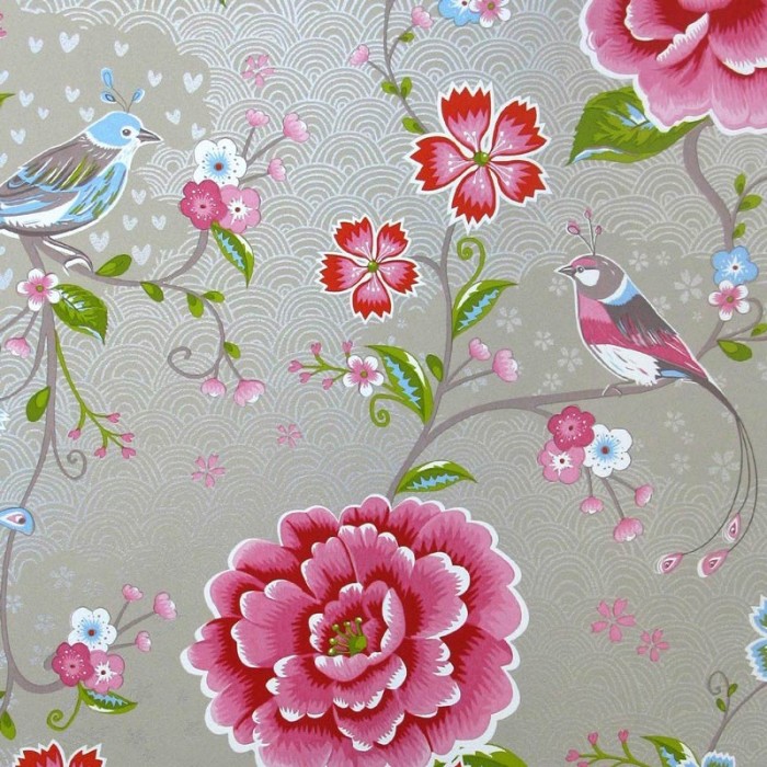 Pip Studio|Papel pintado romántico flores y pájaros muy bonito beige arena|Papel Pintado