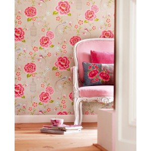 Pip Studio|Romantische Tapete mit rosa Blumen und Vögeln|Tapeten 2