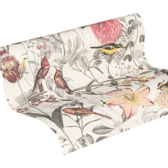 Papeldecor|Papel pintado estilo inglés, flores y pájaros de colores|Papel Pintado