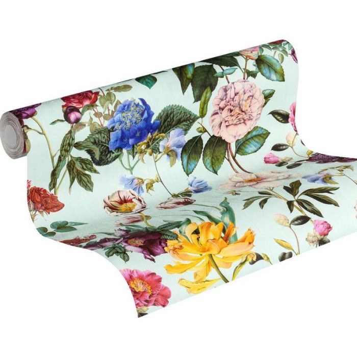 Papel pintado floral celeste con flores multicolor -  373362