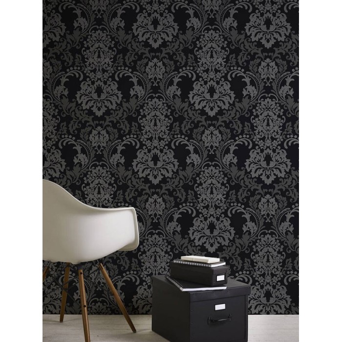 Papeldecor|Wallpaper black and silver damask with shimmer|Wallpaper