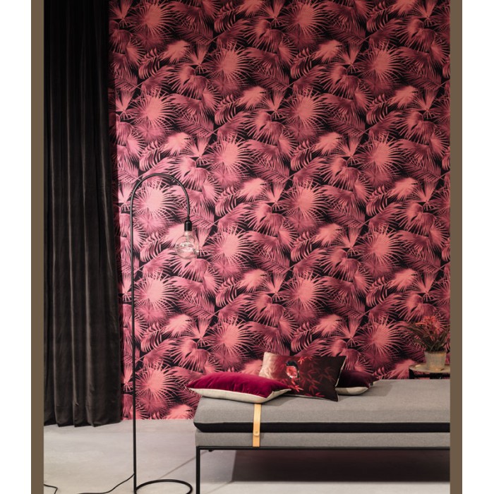 Khroma|Wallpaper with tropical palm trees in pink with black background and modern shine|Wallpaper