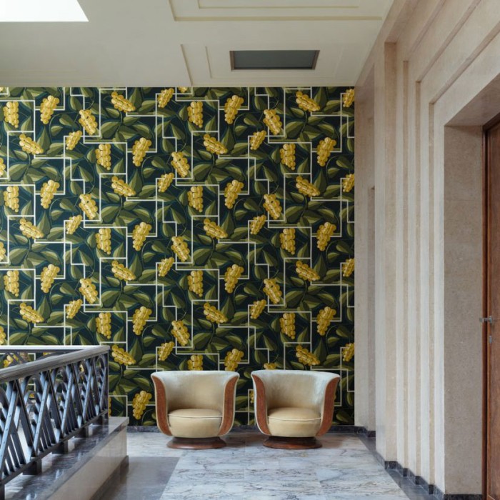 Khroma|Art-Déco-Tapete mit Gitter, Reben und Trauben|Tapeten