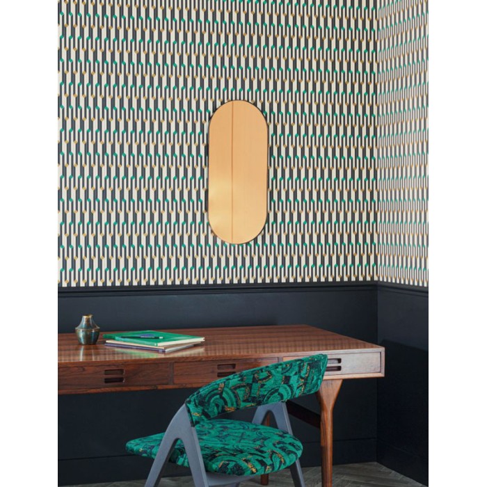 Khroma|Art Deco geometric Wallpaper with colored cubes and beige green shimmer|Wallpaper