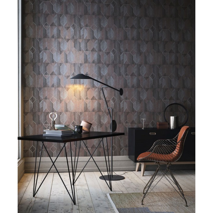 Papel Pintado mosaico geométrico efecto madera gris y marrón - Khroma Prisma PRI002