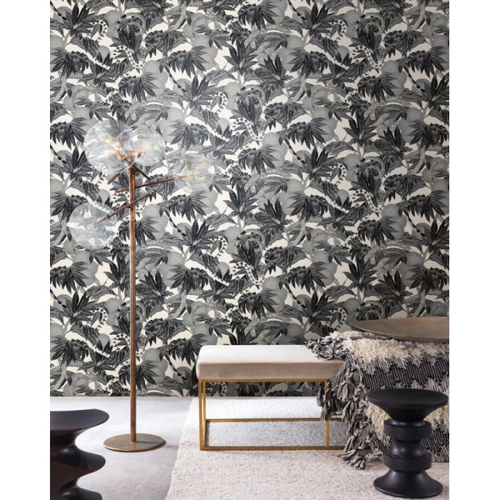 Khroma|Papel Pintado tropical con serpientes en árboles frutales blanco y negro|Papel Pintado
