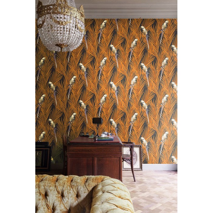 Khroma|Papel Pintado hojas de palmeras y loros tropicales tonos naranja|Papel Pintado