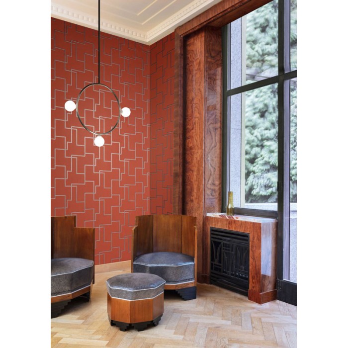 Papel pintado moderno marrón rojizo con laberinto enrejado plata brillo -  220-5105