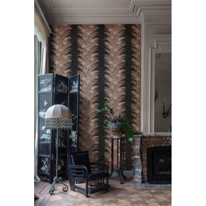 Papel pintado flores japonesas marrón y gris con franjas verticales -  220-5152