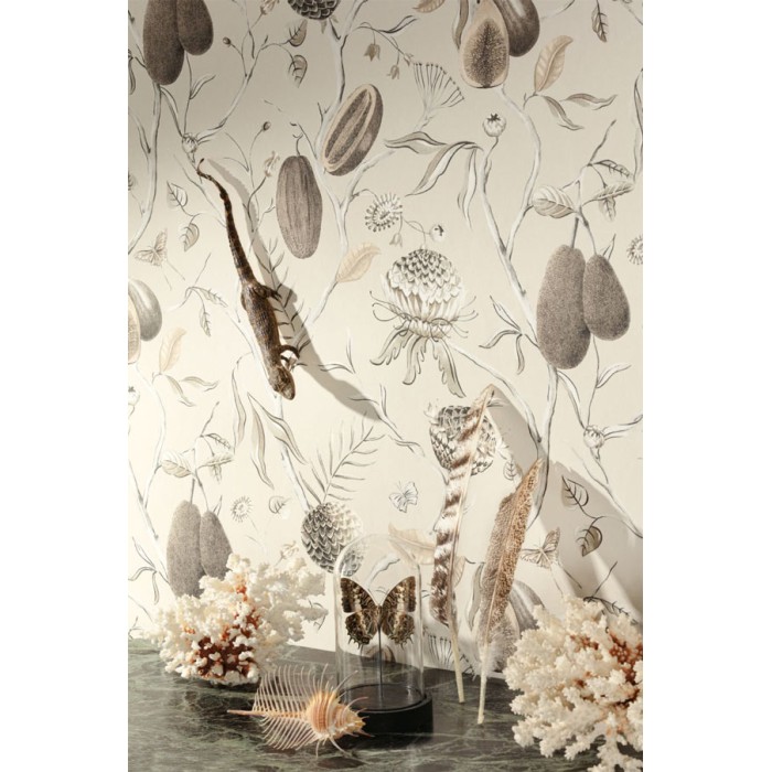 Papeldecor|Tapete Handzeichnung tropischer Papayas Cremeweiß|Tapeten