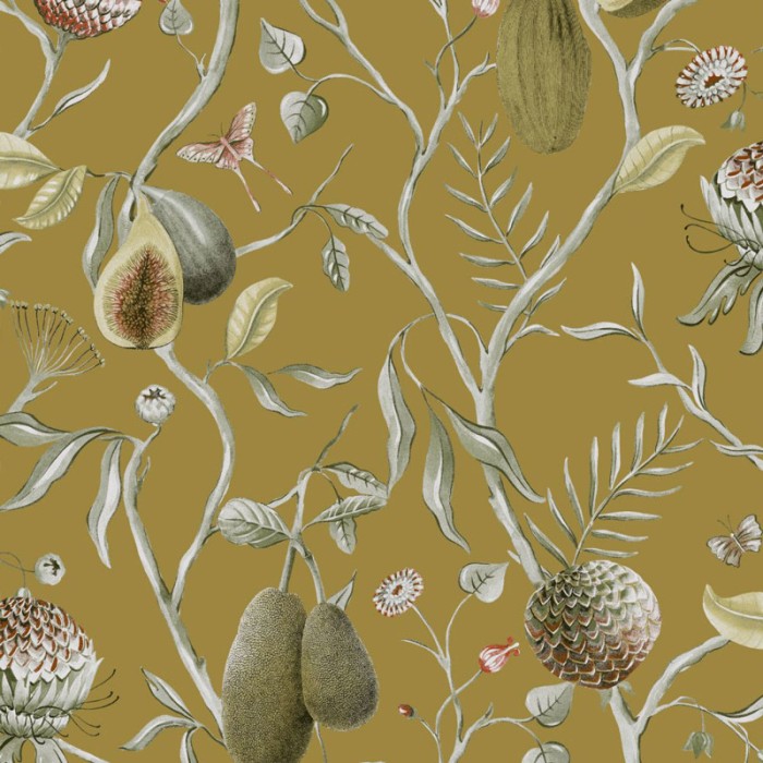 Papeldecor|Papel pintado botánico con frutas tropicales amarillo mostaza|Papel Pintado