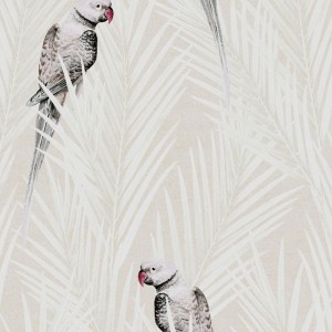 Caselio|Papier peint plantes et oiseaux tropicaux blanc et or|Moderne