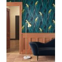 Papeldecor|Beautiful green turquoise wallpaper with palm trees and tropical parrots print|Wallpaper